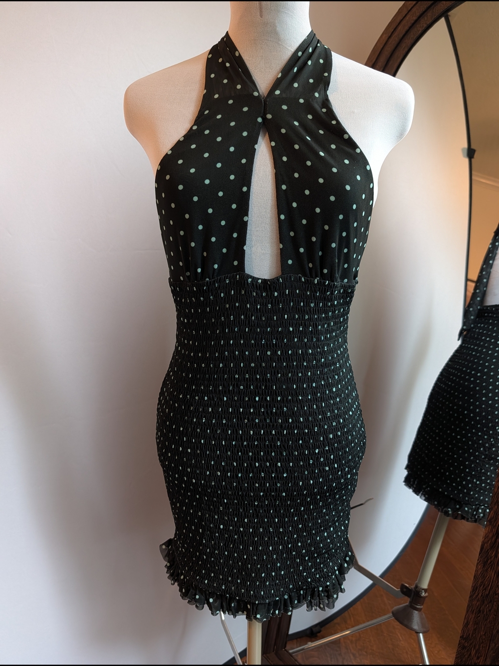 AFRM Black Halter Mini Dress with Aqua Polka Dots